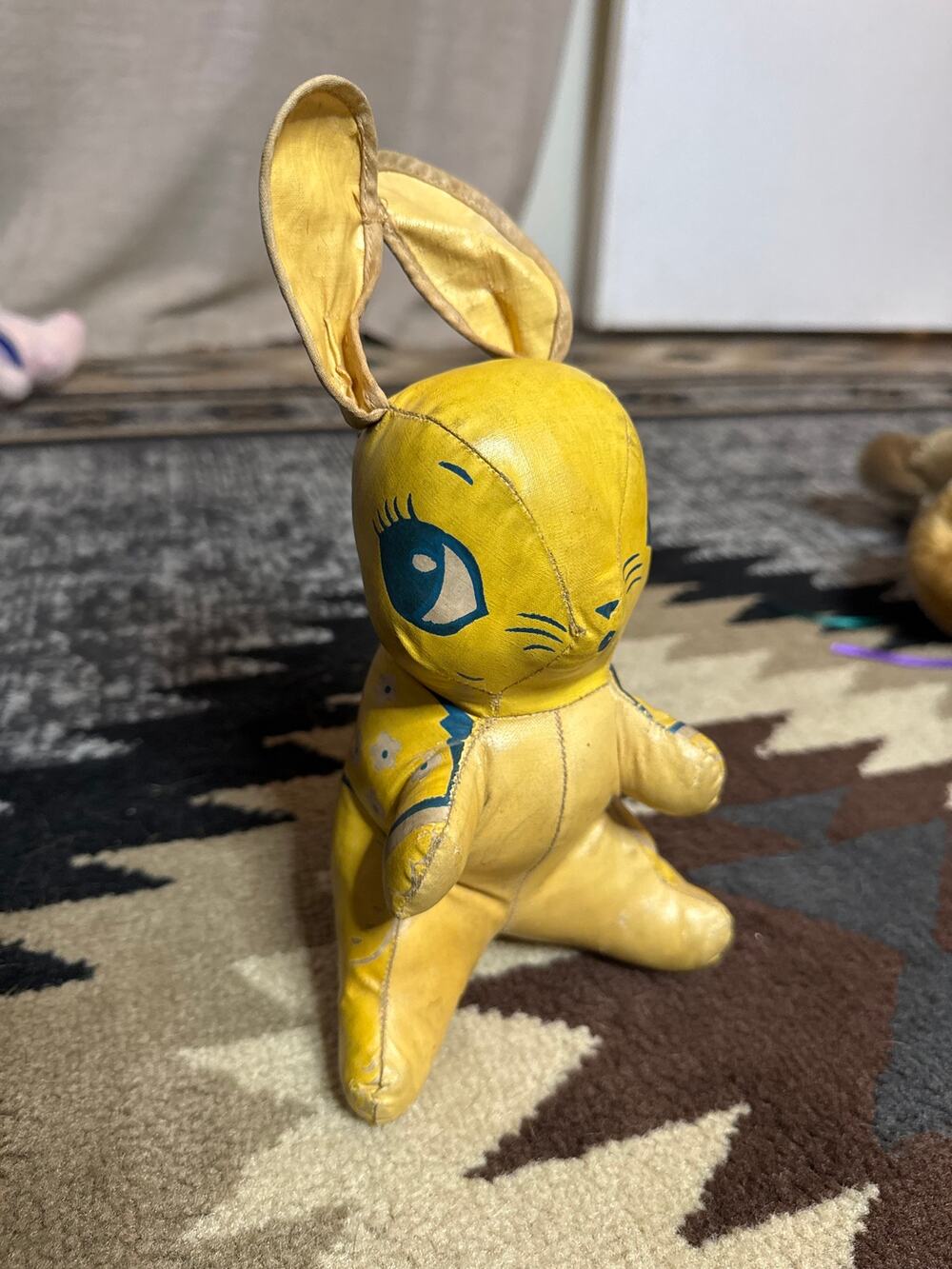 Vintage 1950s Yellow Vinyl Oilcloth Stuffed Bunny Rabbit Toy Mid Century Kitsch